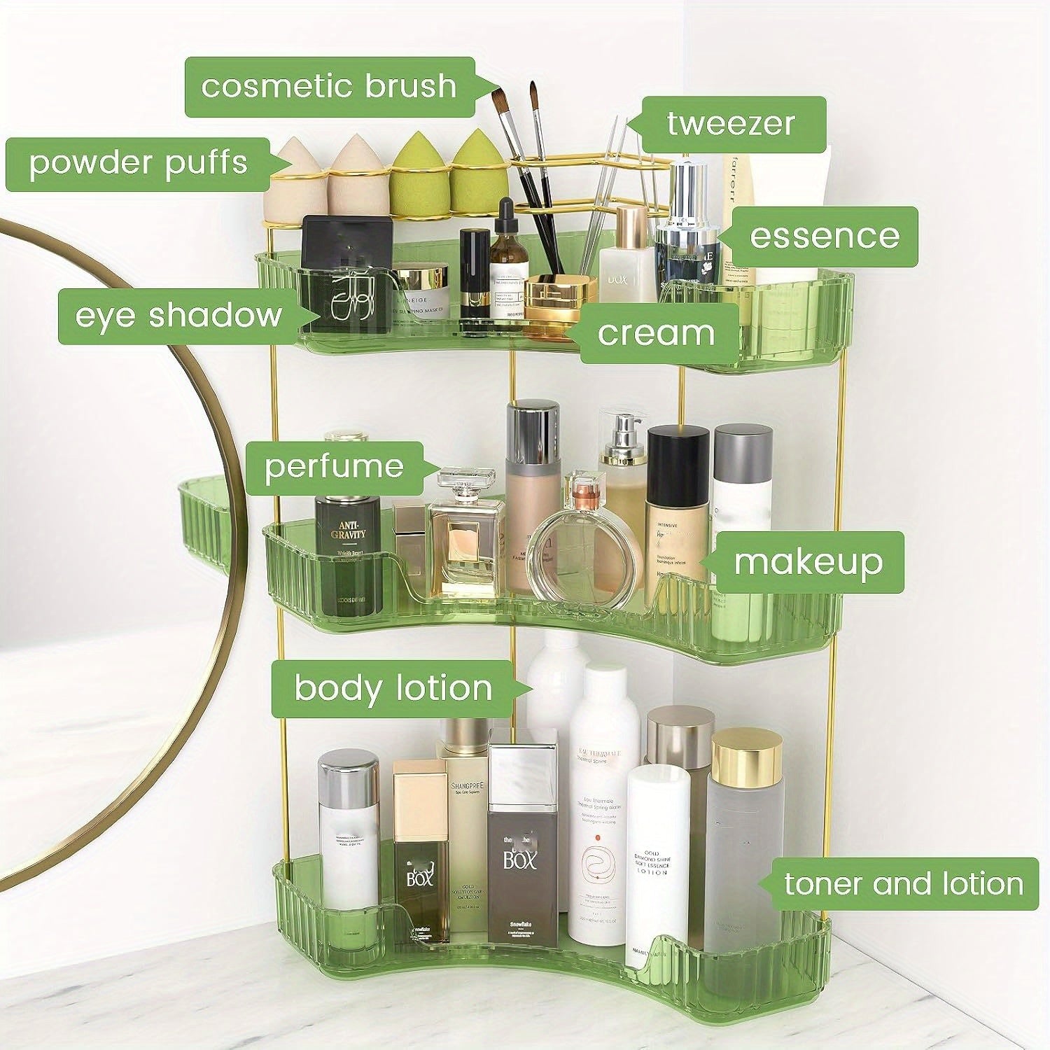2-in-1 Corner Bathroom Counter Organizer - 2-Tier/3-Tier Space-Saving Shelf with Brush Holder, Makeup & Skincare Storage, -Toned Amber, Portable Vanity/Dresser/Kitchen Shelf, Insert-Style Installation (No Tools) for Small Spaces
