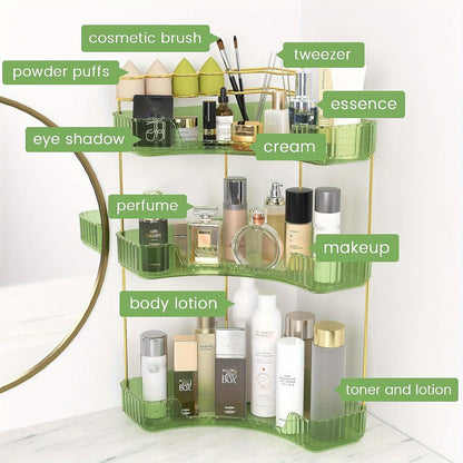 Bathroom Counter Organizer 2-in-1 Corner Shelf 2-Tier 3-Tier Space-Saving Makeup Skincare Storage with Brush Holder No-Tool Install Portable Vanity Dresser Kitchen