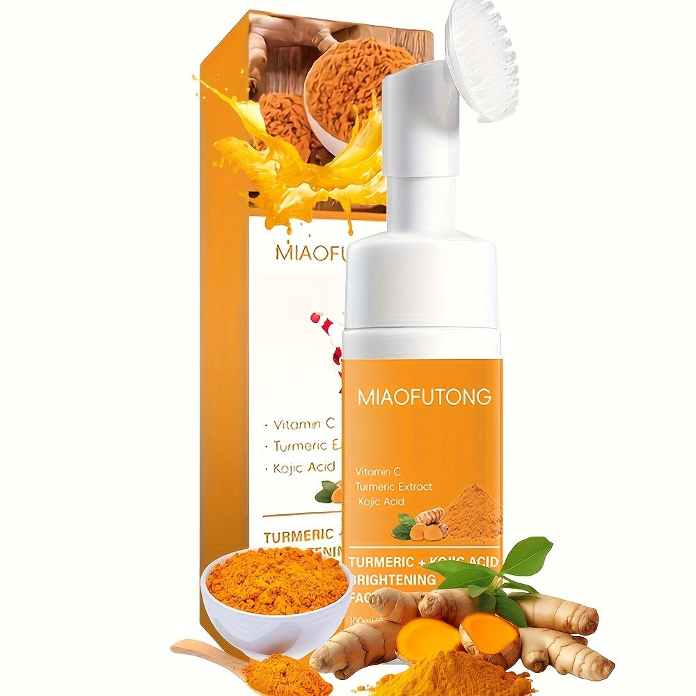 Turmeric Cleaning Kit, 3.38Oz Turmeric Facial Cleansing Foam + 3 Turmeric Soap Bars, Abundant Foam for Cleansing Skin, Brush Applicator Cleanser, Moisturizing And Nourishing, Mild And Non-Irritating
