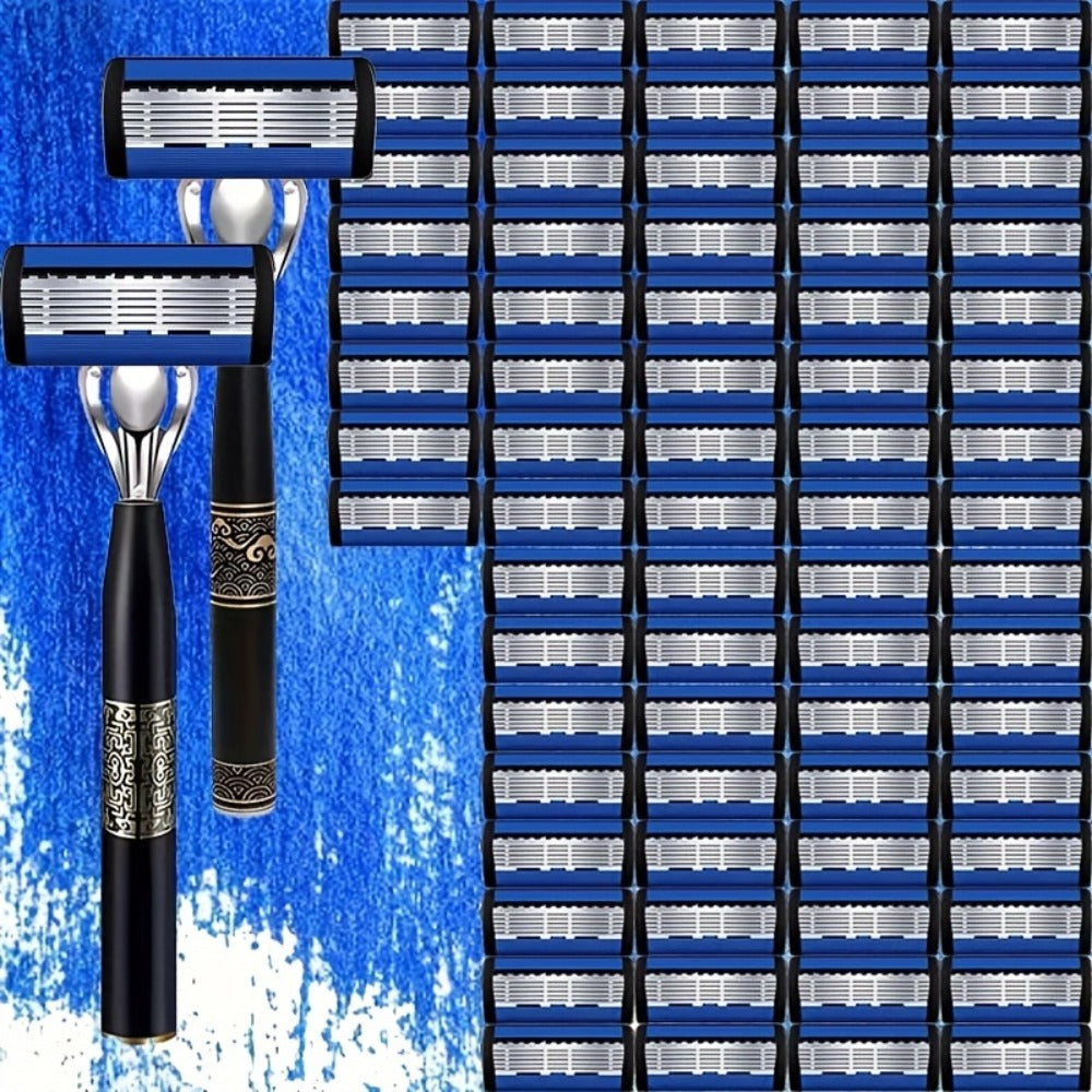 Men's Manual Razor Set with Stainless Steel Replacement Blades - Reusable Handle & High-Capacity Blade Kit for Smooth, Close Shave, Precision Grooming