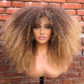 Afro Bomb Curly Wig with Bangs Synthetic Fiber Glueless Long Kinky Curly Hair Wigs, Machine Made Glueless Heat Resistant Synthetic African Wig Ombre Blonde Mixed Color Afro Wigs with Highlight Brown Blonde Red Black Color for Choice