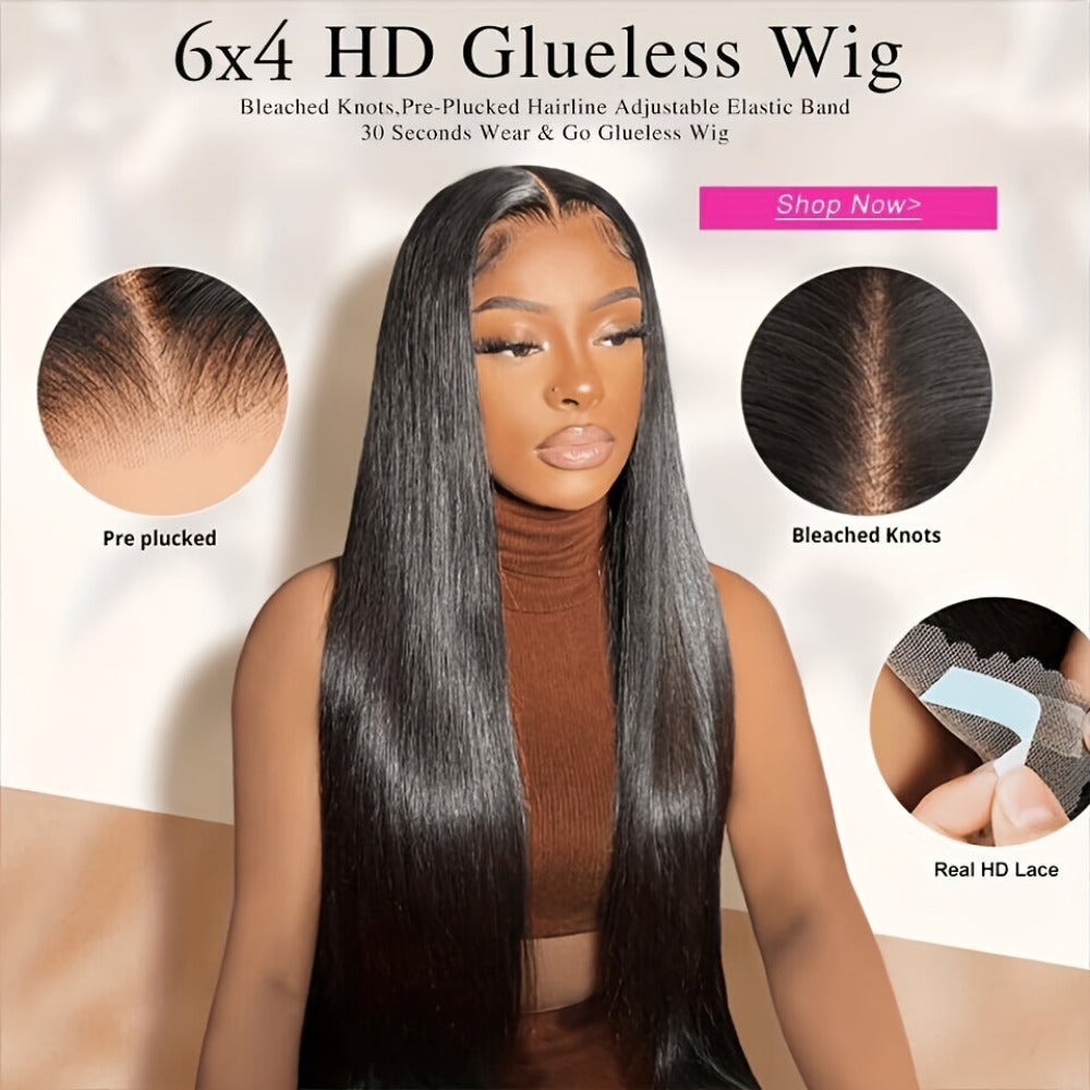 Put On and Go Glueless Human Hair Wig Bone Straight – Pre Cut 6x4.5 Transparent Lace, 200% Density Pre Plucked, Ready to Wear in 3 Seconds, Natural Black & Natural Color, 10–34 Inch