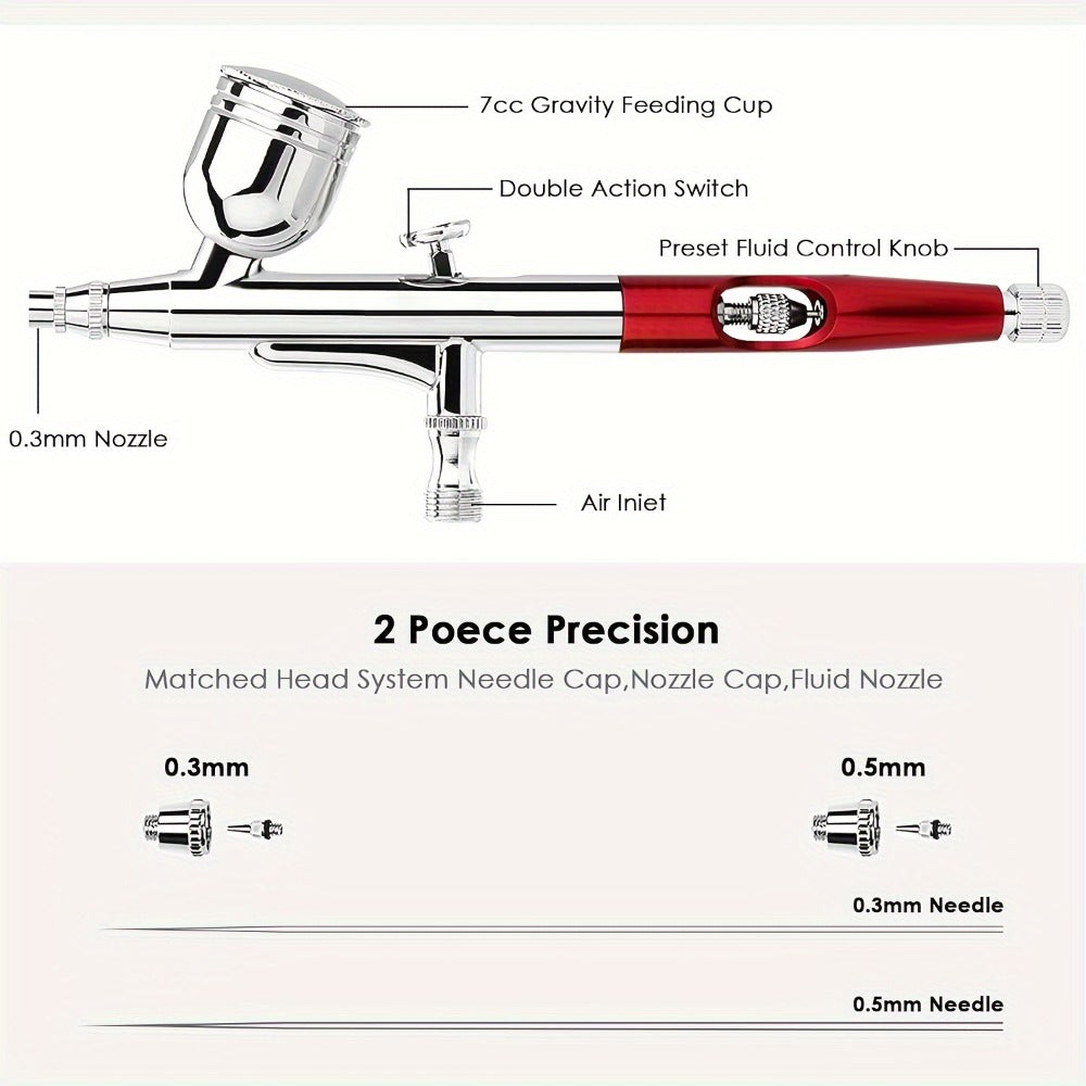 Airbrush Kit - Airbrush Gun Set Dual-Action Gravity Feed with 0.3 And 0.5Mm Needle Sets - Air Brush Set with 7CC 20Cc 40Cc Replacement Cups for Nails Model Painting Cake Tattoo Makeup