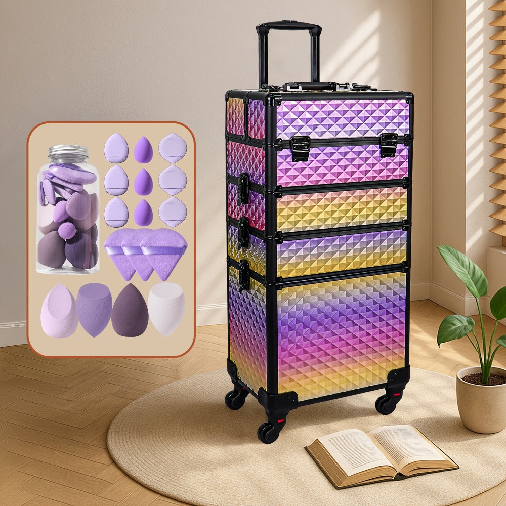 All-In-One Makeup Kit : 4-In-1 Rolling Makeup Train Case with Beauty Sponge, Large Portable Cosmetic Trolley with 360° Wheels, Professional Salon & Travel Storage Organizer