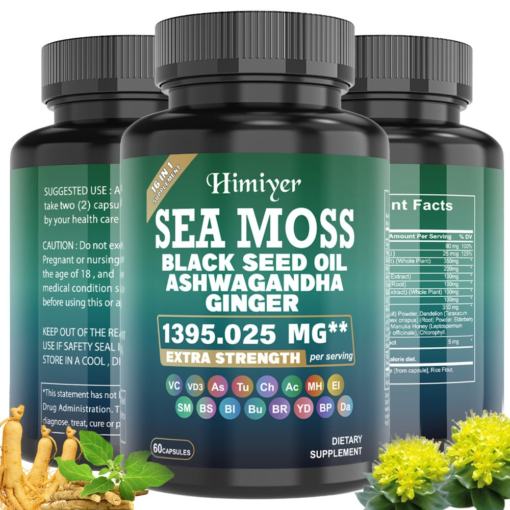 3Packs Sea Moss Capsules W/ Black Seed Oil, Ashwagandha & Turmeric - 90mg Vitamin C & D3 for Vitamin Support - Natural Supplement. Health & Energy. Sea Moss Bladderwrack Burdock Mlultimineral Blend Apple Cider Vinegar ManukaHoney Ginger...