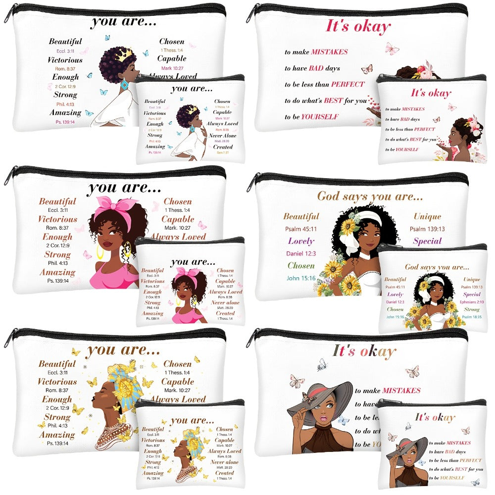 12pcs African American Makeup Bag Black Women Makeup Bag Inspirational Gift Bag African Queen Zipper Travel Bag Wallet Toilet Storage Bag, 8.3 X 5.1 Inches, 4.3 X 3.5 Inches (Classic)