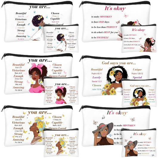 12pcs African American Makeup Bag Black Women Makeup Bag Inspirational Gift Bag African Queen Zipper Travel Bag Wallet Toilet Storage Bag, 8.3 X 5.1 Inches, 4.3 X 3.5 Inches (Classic)