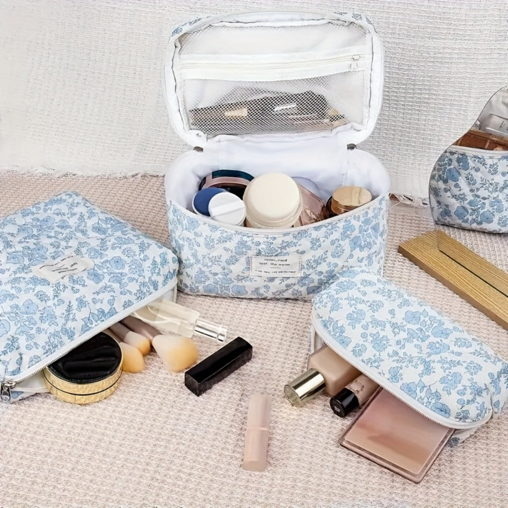 Large Capacity Floral Pattern Quilted Makeup Bag Set, 3 Counts Travel Cosmetic Bags, Stay Glam On-the-Go, Portable Zipper Makeup Organizer Pouches for Skincare, Cream, Lip Balm, Eyeliners, Makeup Tools, Makeup Container Set, Makeup Storage Organizer