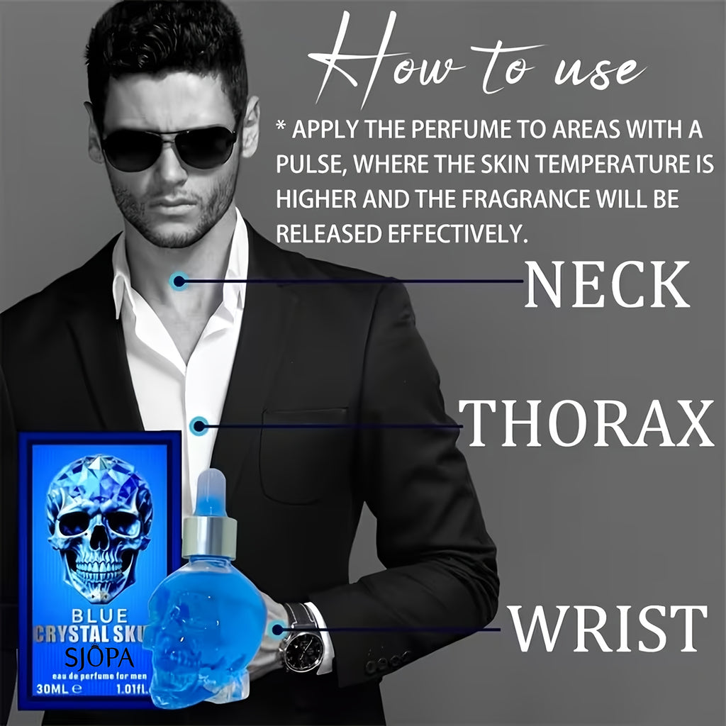 1 X Blue Crystal Skull Eau De Cologne For Men, 30ml/1.01fl.oz, Long-Lasting Woody Scent, Alcohol-Free Perfume Oil, Portable Fragrance For Business Trips, The Perfect Valentine'S Day Gift