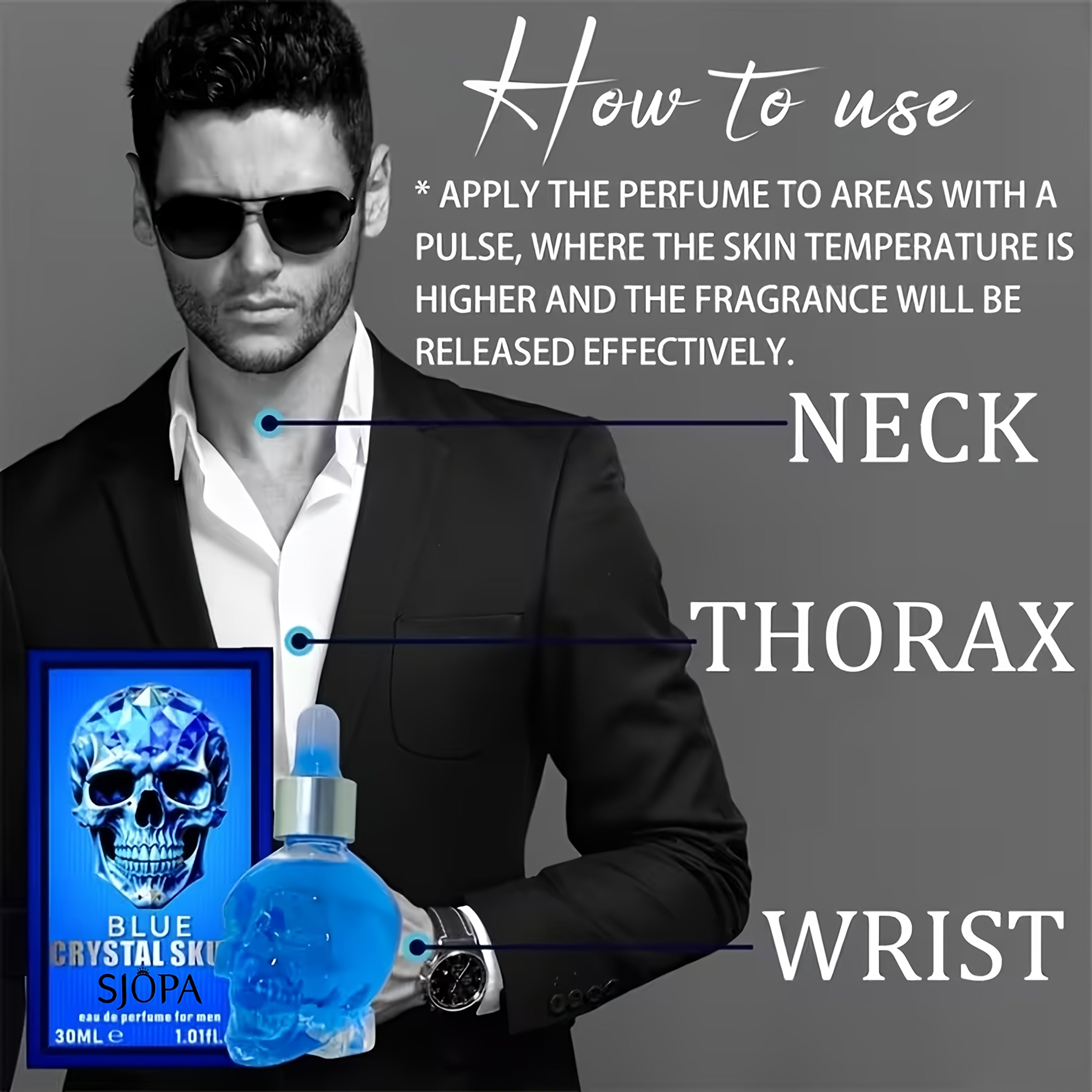 1 X Blue Crystal Skull Eau De Cologne For Men, 30ml/1.01fl.oz, Long-Lasting Woody Scent, Alcohol-Free Perfume Oil, Portable Fragrance For Business Trips, The Perfect Valentine'S Day Gift