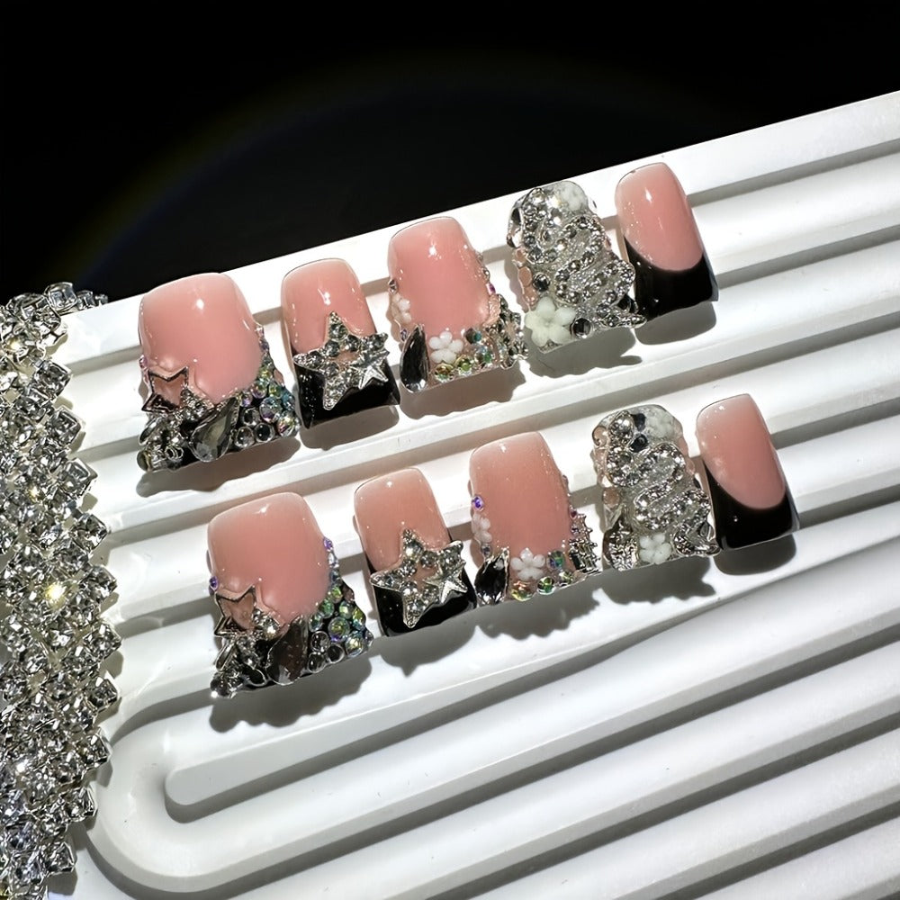 10pcs Short Duckbill Black French Style with Silvery Snake Full Diamond Shiny Stars Handmade Press on False Nails Suitable for Weddings Parties Birthday Gifts