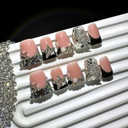 Black French Press On Nails 10pcs Short Duckbill Silvery Snake Full Diamond Shiny Stars Handmade Reusable UV Protected Salon Quality for Wedding Party Birthday Gift False Nails S M L