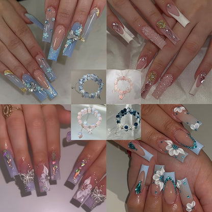 Press On Nails 96 Pieces 4 Packs + 4 Bracelets - Long Ballerina Fake Nails Blue Gradient 3D Flower Butterfly Rhinestone | Glossy Sparkling Full Cover False Nails & Beads Bangle Set for Women Girls