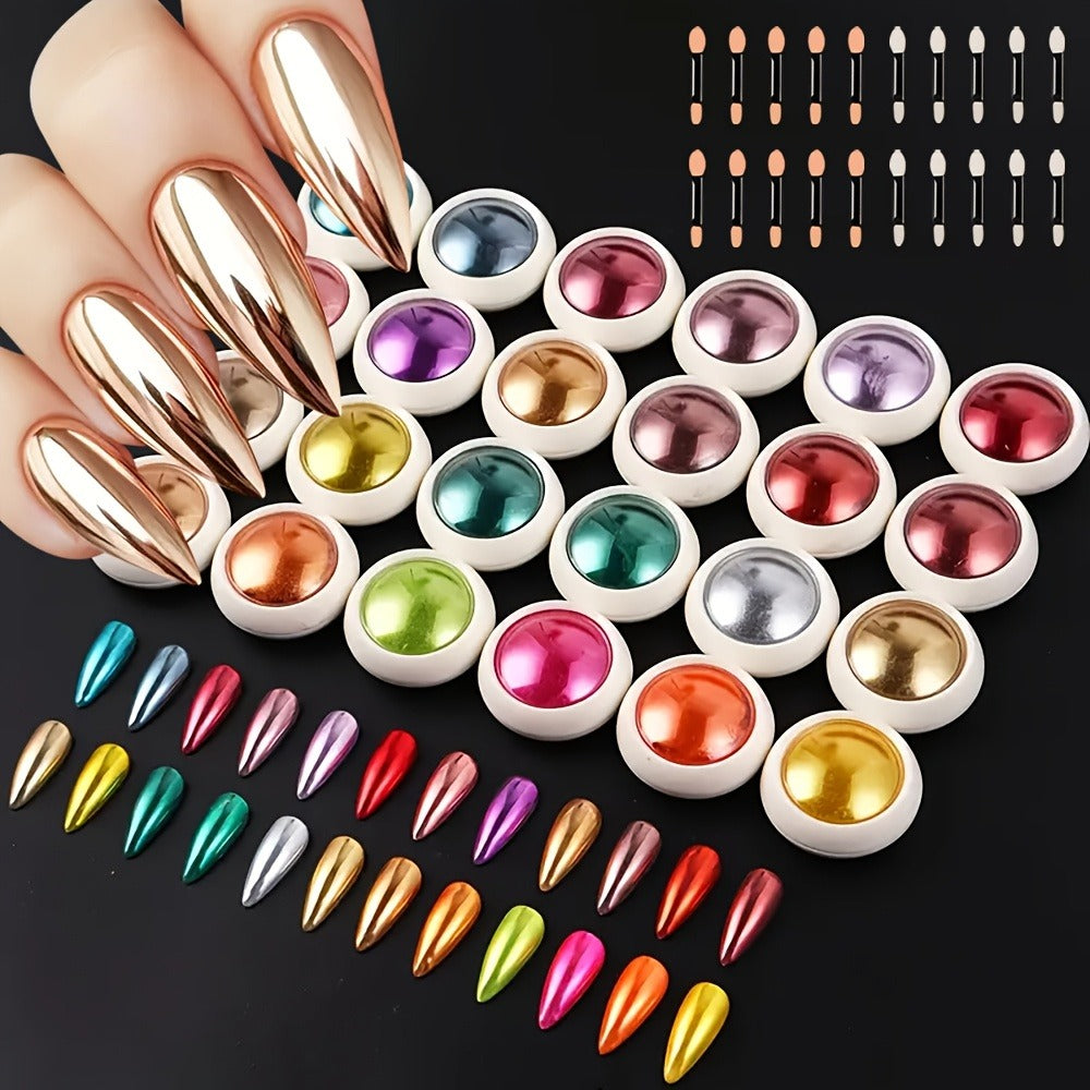 Magic Mirror Nail Art Powder 24 Colors Holographic Chrome Metallic Effect Reflective Glazed Manicure Decoration Rubbing Glitter Non-Discoloring Set