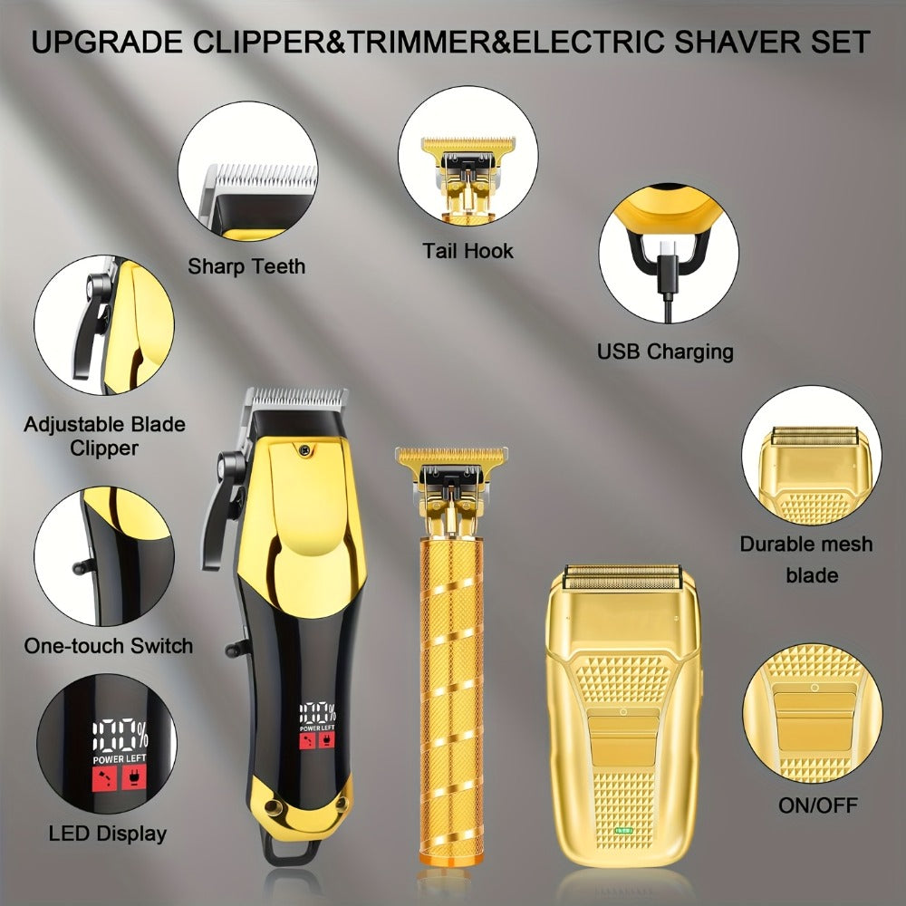 Golden Hair Cutting 1/3pcs Set, Men'S Grooming Kit. USB Rechargeable, LCD Display. Includes 1 Black And Golden Professional Hair Clipper + 1 Golden Men'S Razor + 1 Golden T-Blade Trimmer + 8 Guide Combs + 3 Cleaning Brushes + 1 Comb