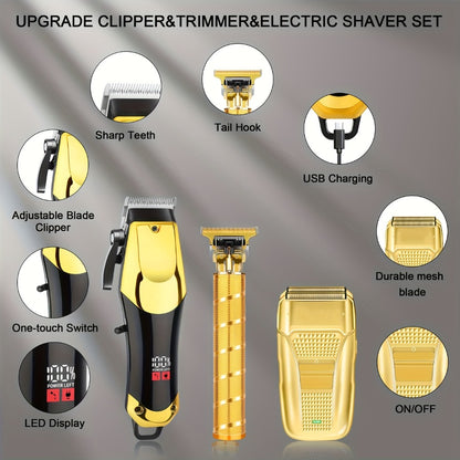 Men's Grooming Kit Hair Clipper Set USB Rechargeable LCD Display - Professional Hair Clipper Razor T-Blade Trimmer 8 Guide Combs Apron Gold & Black Complete Barber Kit