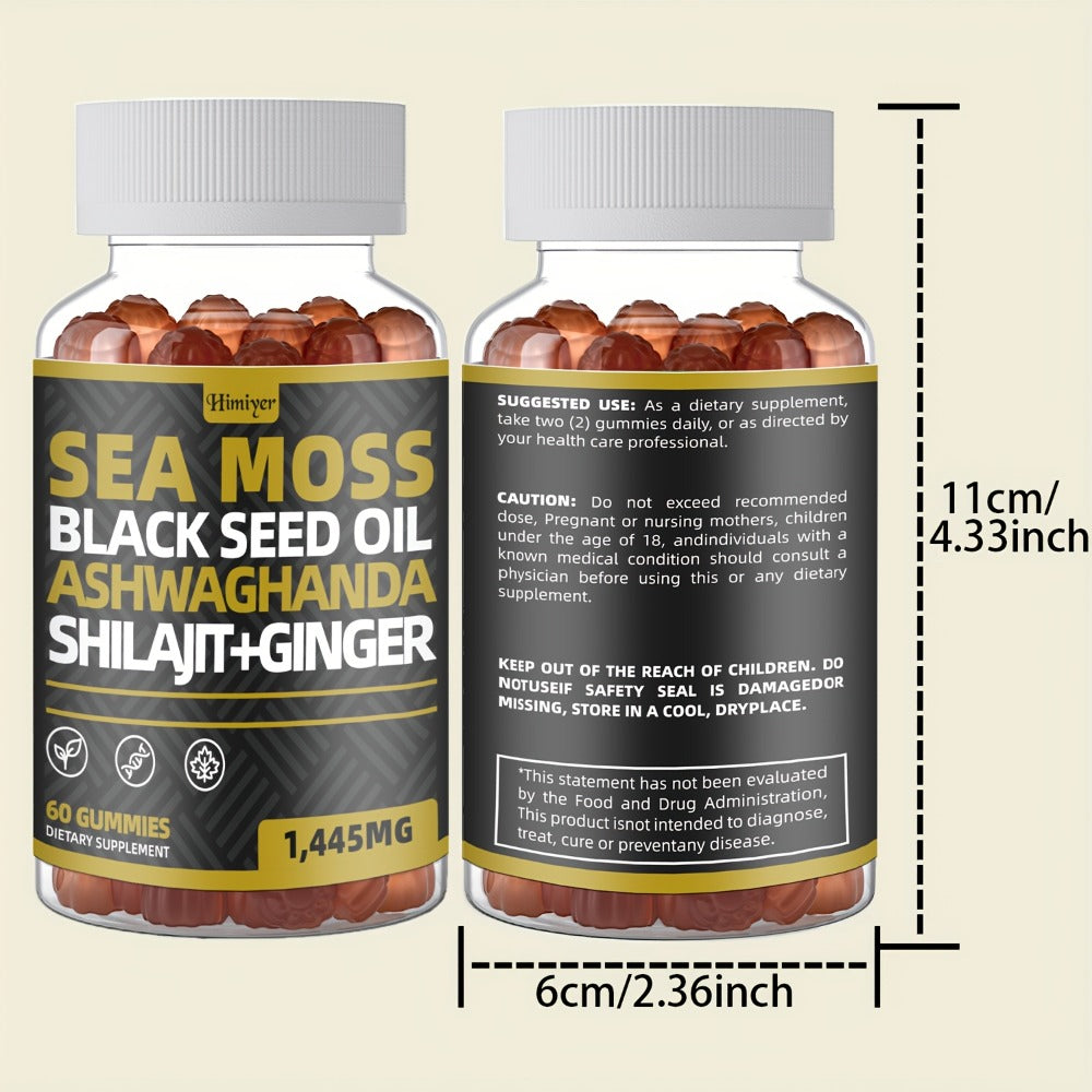 2 Month Supply, Sea Moss Gummies Black Seed Oil, Ashwagandha, Ginger, Shila Gummies with Elderberry, Chlorophyll, Turmeric, Bladderwrack, 60 Gummies Per Bottle