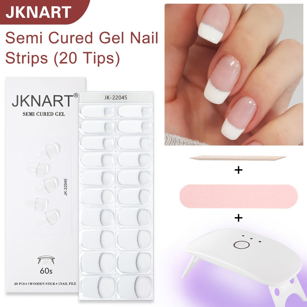 Nail Art Kit, Including 20 Semi- Nail Polish Stickers, A 12W High-Power Portable Lamp (8 Beads), Gel Light- Full-Wrap Nail Stickers, Semi- 2Nd-Gen Soft Gel Nail Tips [ Lamp Needed for Hardening], And White Gel Nail Stickers