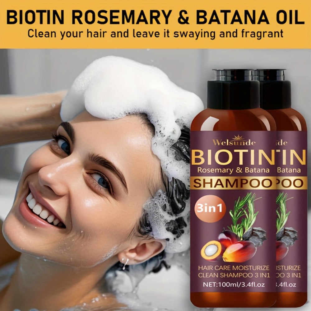 Biotin Rosemary Shampoo with Batana Oil 2PCS 3-in-1 - Deep Moisture, Damaged Hair Repair & Scalp Revitalizer, Mild Cleansing Natural Hair Care Formula, 100ml x2