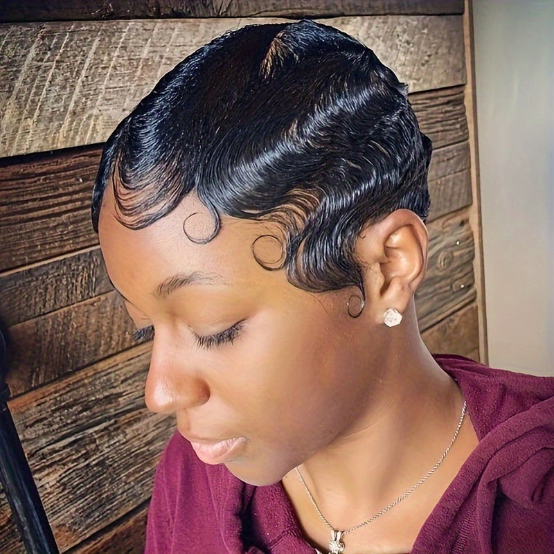 Women'S Brazilian Virgin Human Hair Wig, Featuring a 4-Inch Finger Wave Pixie Cut in a Deep Ocean Wave Style, with 180% Density And a Rose Net Cap, Perfect for Party Looks