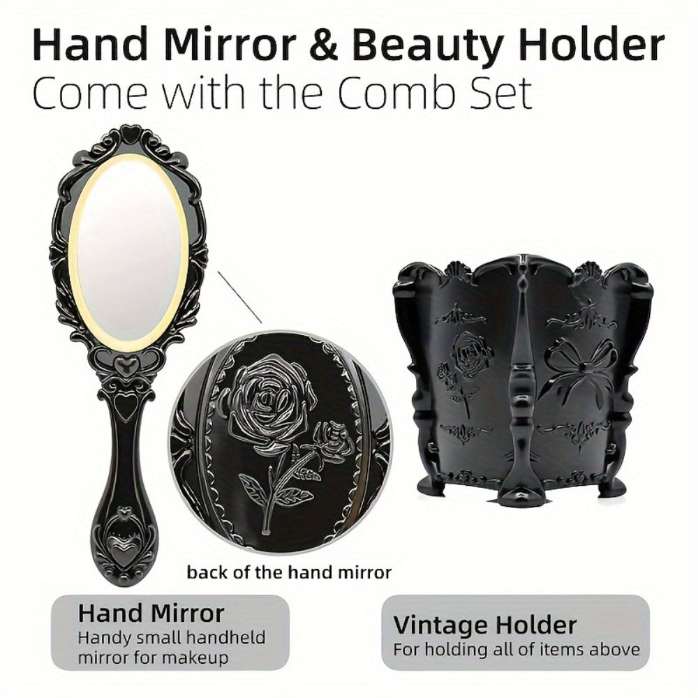 Black Mirror Comb Set, Scalp Massage Hairbrush with Mirror, Retro Hair Comb, Makeup Hair Comb