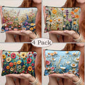Set of 4 Versatile Makeup Bags Featuring a Daisy Floral Design, These Durable And Foldable Travel Bags Come with Zipper Closures, Making Them Perfect Gifts for Women, Sisters, Girls, Nieces, And Girlfriends for Birthdays Or Christmas