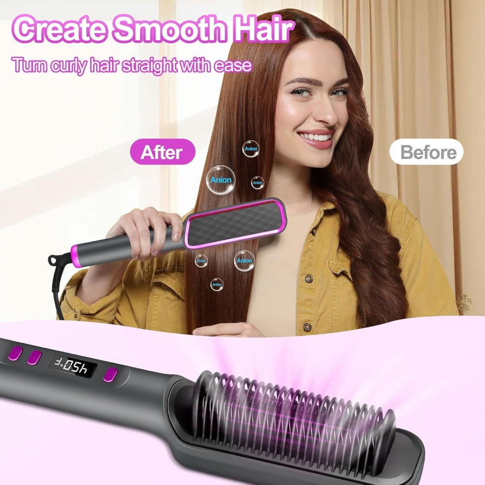 Hair Straightener Brush, 10s Fast Hair Straightener Comb Straightening Brush for Women, LCD Display, 5 Temps Flat Iron Brush, Anti-Scald (Includes Two Extra Clips And One Comb)