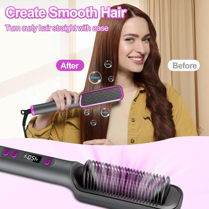 Hair Straightener Brush 10s Fast Heat LCD Display – 5 Temperature Flat Iron Comb Anti-Scald Straightening Brush for Women with 2 Clips & Comb – White, Grey, Purple