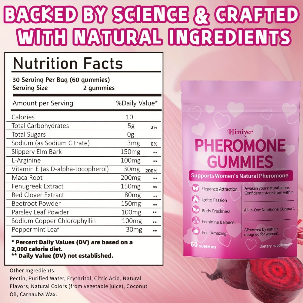 Women's Pheromone Gummies - Natural Attraction & Confidence Booster with L-Arginine, Maca, Beetroot & Pheromone-Enhancing Herbs - 30-Day Supply (30 Gummy Vitamins) - Gluten-Free Strawberry Flavor for Body Freshness & Feminine Balance