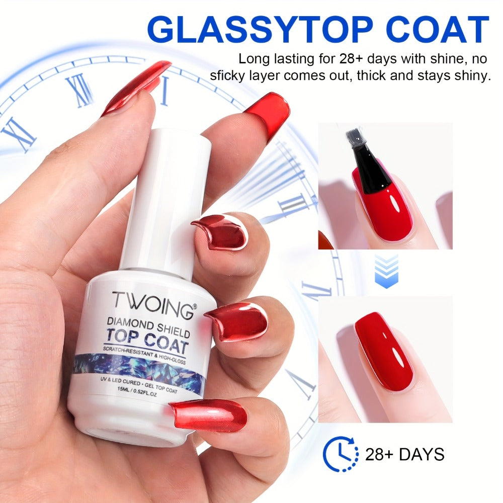 No-Wipe Gel Top Coat 2-Pack Diamond Shine High Gloss — LED Soak-Off Nail Sealer, Long-Lasting Scratch-Resistant Crystal Clear Finish for Salon & Home Manicure, Nail Art Sealer for Glitter & Foils (0.51oz Each)