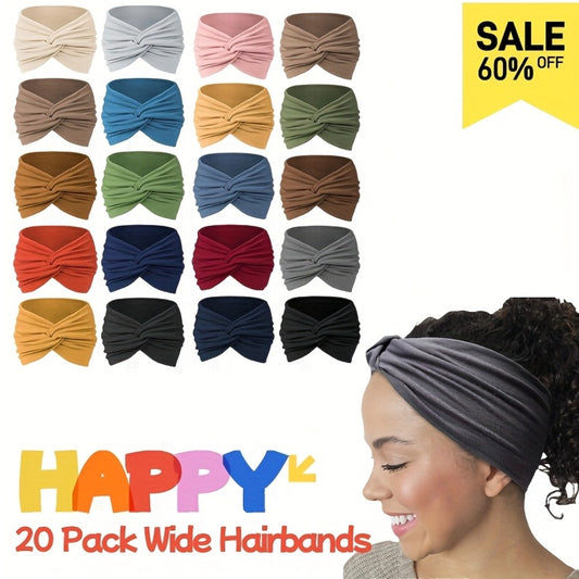 20pcs Soft & Stretchy Headbands for Women/Men -Comfy Turban Bandanas Hairbands, Breathable Hair Wraps, High Elastic, Elegant Knot, Non-Slip, Sweat-Wicking Sports Bands In Various Solid Colors - Hair Accessories Perfect for Yoga, Running & Daily Style