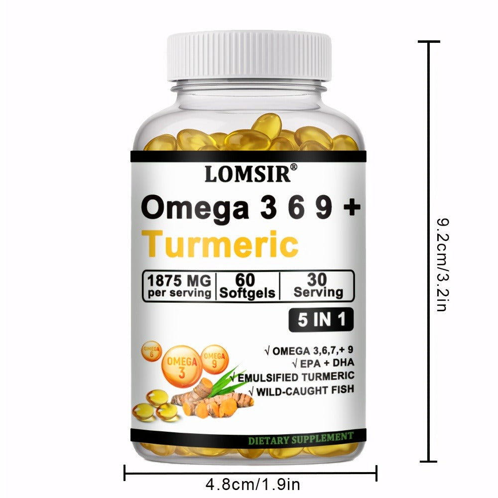 LOMSIR Omega 3-6-9 + Turmeric Softgels (DHA & EPA) - Wild Fish Oil Blend, Emulsified Turmeric, 60 Softgels, Daily Balance, Easy-to-Take