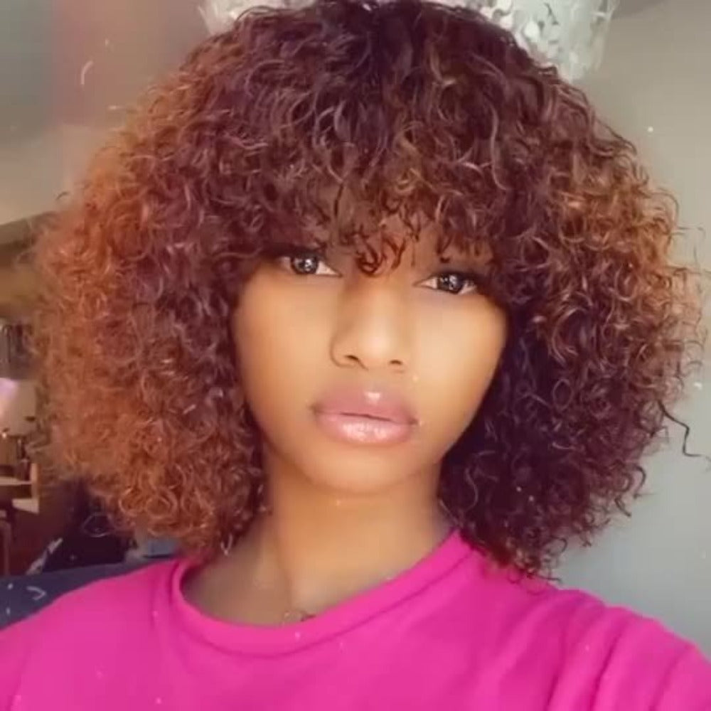 Human Hair Bob Wig Curly Water Wave Glueless Short Wig with Bangs 150% Density Ombre Brown Auburn 12 Inch Beginner Friendly Natural Hairline Daily Wear