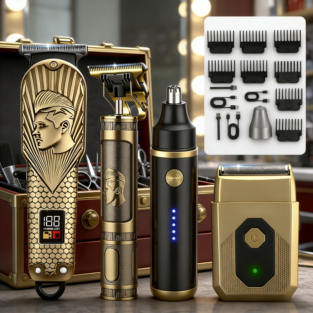 4pcs Professional Barber Clippers and Trimmer Set | Nose Hair Trimmer, Detail Trimmer with Guide Comb, LED Display, USB Powered, Rechargeable Battery, ABS Plastic Housing, Ideal Gift for Husband/Boyfriend/Elders, Home & Travel Use
