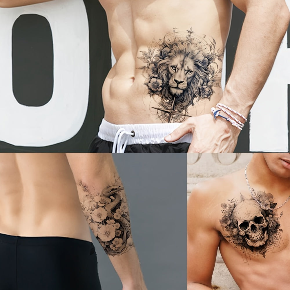 GLARYYEARS Temporary Tattoo for Men Adults, 44pcs Large+Small size Realistic Tattoos, Long-lasting Fake Tattoo Stickers, Cool Black Body Half Arm Tattoos, Mountain Lion Wolf Tiger Tattoo Design