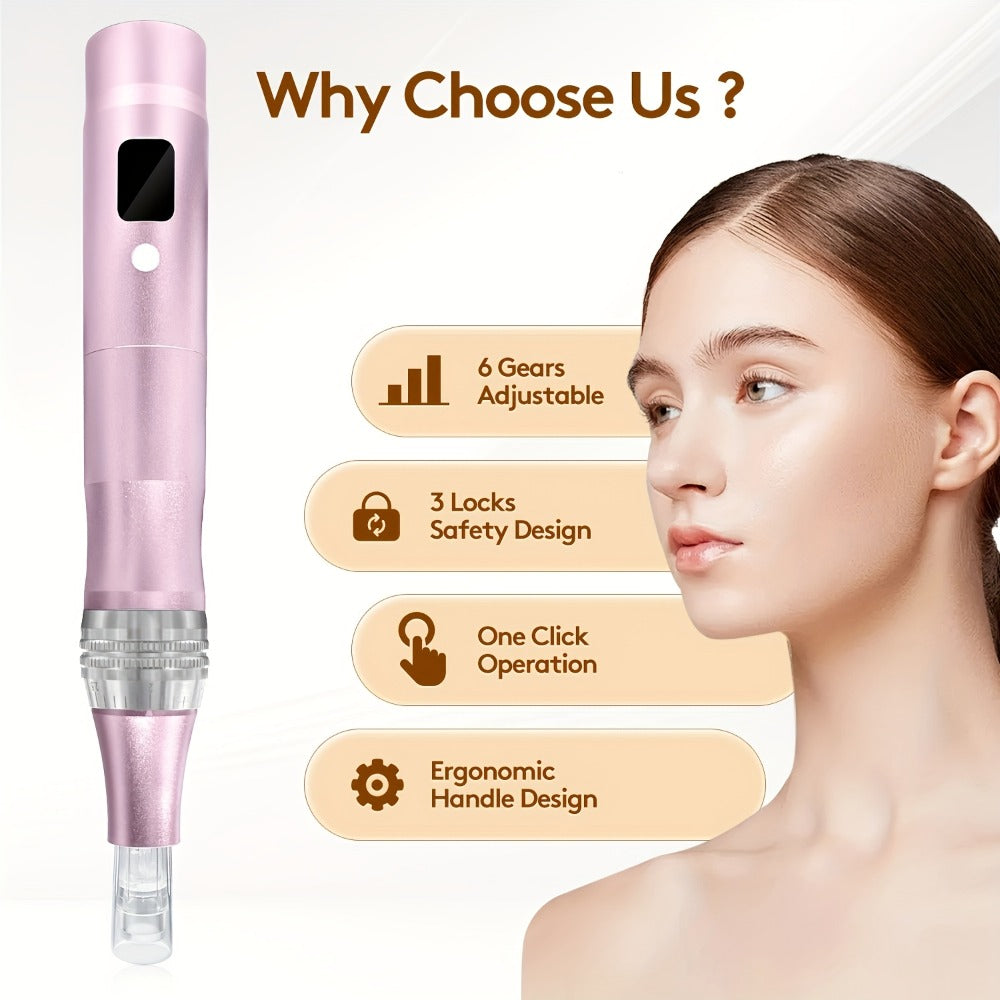 Household Skincare Electric Pen with 6 Adjustable Speeds, Wireless Design And Built-in Battery, 0.25mm Replacement Screw Heads, Available In Multiple Colors. Upgraded Aluminum Alloy Version with A Set Of 50 Accessory Heads.