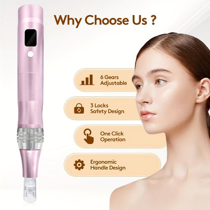 Electric Microneedling Pen 6-Speed Wireless Aluminum Alloy Derma Pen 0.25mm Replacement Heads USB Rechargeable At-Home Skin Renewal Device
