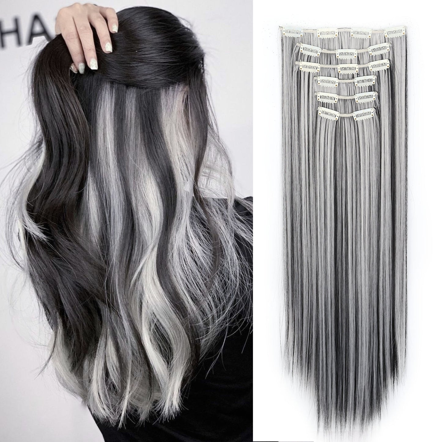 Gray Hair Clip Extensions 6 Piece Set 24 Inch Heat Resistant Synthetic Fiber Space Gray Clip In Hair Extensions for Women Daily Wear Halloween Costume