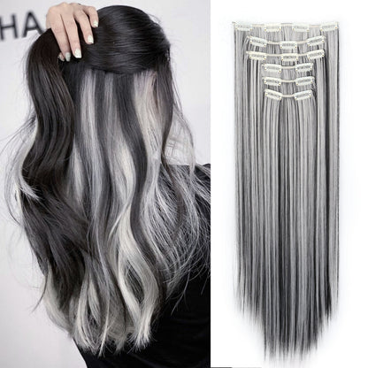Gray Hair Clip Extensions 6 Piece Set 24 Inch Heat Resistant Synthetic Fiber Space Gray Clip In Hair Extensions for Women Daily Wear Halloween Costume