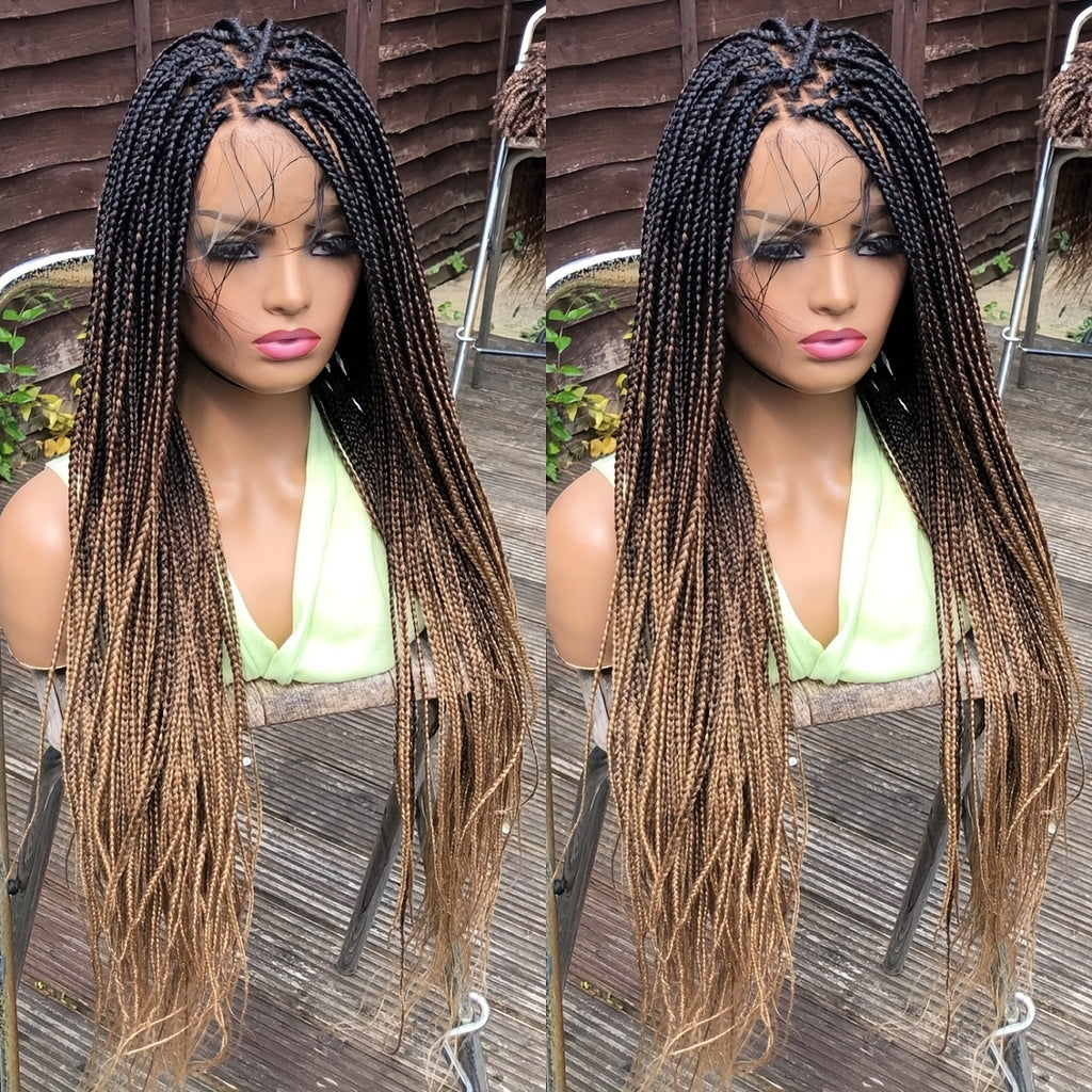 Brown Knotless Box Braid Wig - A Synthetic Lace Front Featuring Handmade Faux Locs, Offering a 360° HD Full Lace Design for Protective Styling And a Versatile Appearance Suitable for Women of Diverse Ethnic Backgrounds