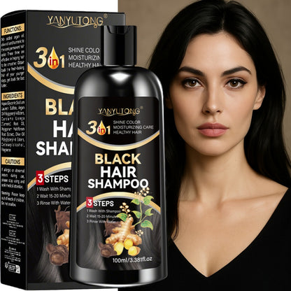 Black Hair Dye Shampoo with Polygonum Multiflorum & Ginger Extract — Instant Gray Coverage, Gentle Non-Damaging Plant-Based Formula, Long-Lasting Color, Unisex, 3.38 oz / 100ml