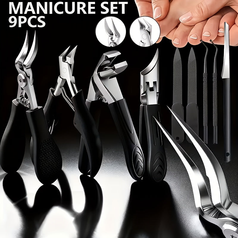 9pcs Stainless Steel Nail Care Set | Suitable for Ingrown and Thick Nails - Heavy-duty Scissors Set with Nail File, Foot File, Cuticle Forceps, and Beauty Tools - Modern Design, Essential for Men, Women, Seniors, Halloween Gifts