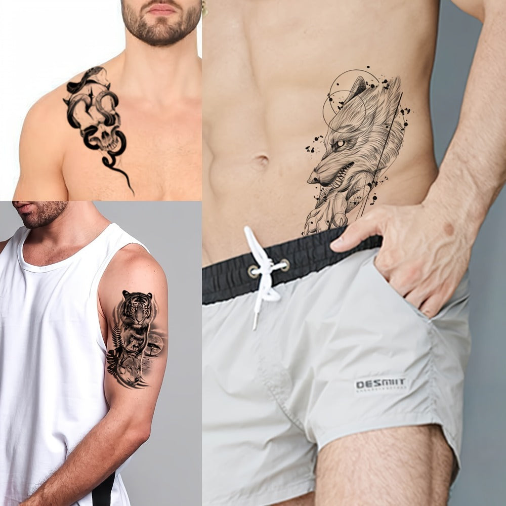 GLARYYEARS Temporary Tattoo for Men, 48pcs 12 Large 36 Small Fake Tattoos, Long-lasting Realistic Tattoo Stickers, Cool Skull Snake Death Designs for Adults Women, Black Body Half Arm Tattoos