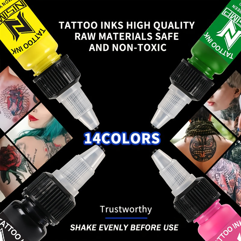Tattoo Ink Set Professional Pre-Dispersed NISIMP 7 & 14 Colors Vibrant Pigment Density Skin-Friendly Tattoo Ink for Outlining Shading Body Painting Beginners Hobbyists & Expert Tattoo Artists