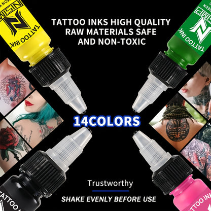 Tattoo Ink Set Professional Pre-Dispersed NISIMP 7 & 14 Colors Vibrant Pigment Density Skin-Friendly Tattoo Ink for Outlining Shading Body Painting Beginners Hobbyists & Expert Tattoo Artists