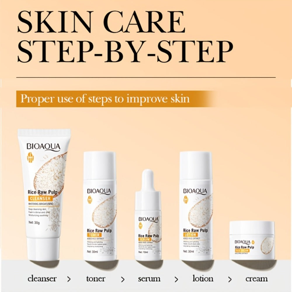 5pcs/Set Rice Light Beige Care Set, Rice Raw Pulp Skin Care Set, 5pcs Moisturizing Facial Care Set for Women, Rice Shampoos Facial Light Beige Care Set, Including Rice Cleanser, Toner, Essence, Cream, Lotion. Mini Travel Size
