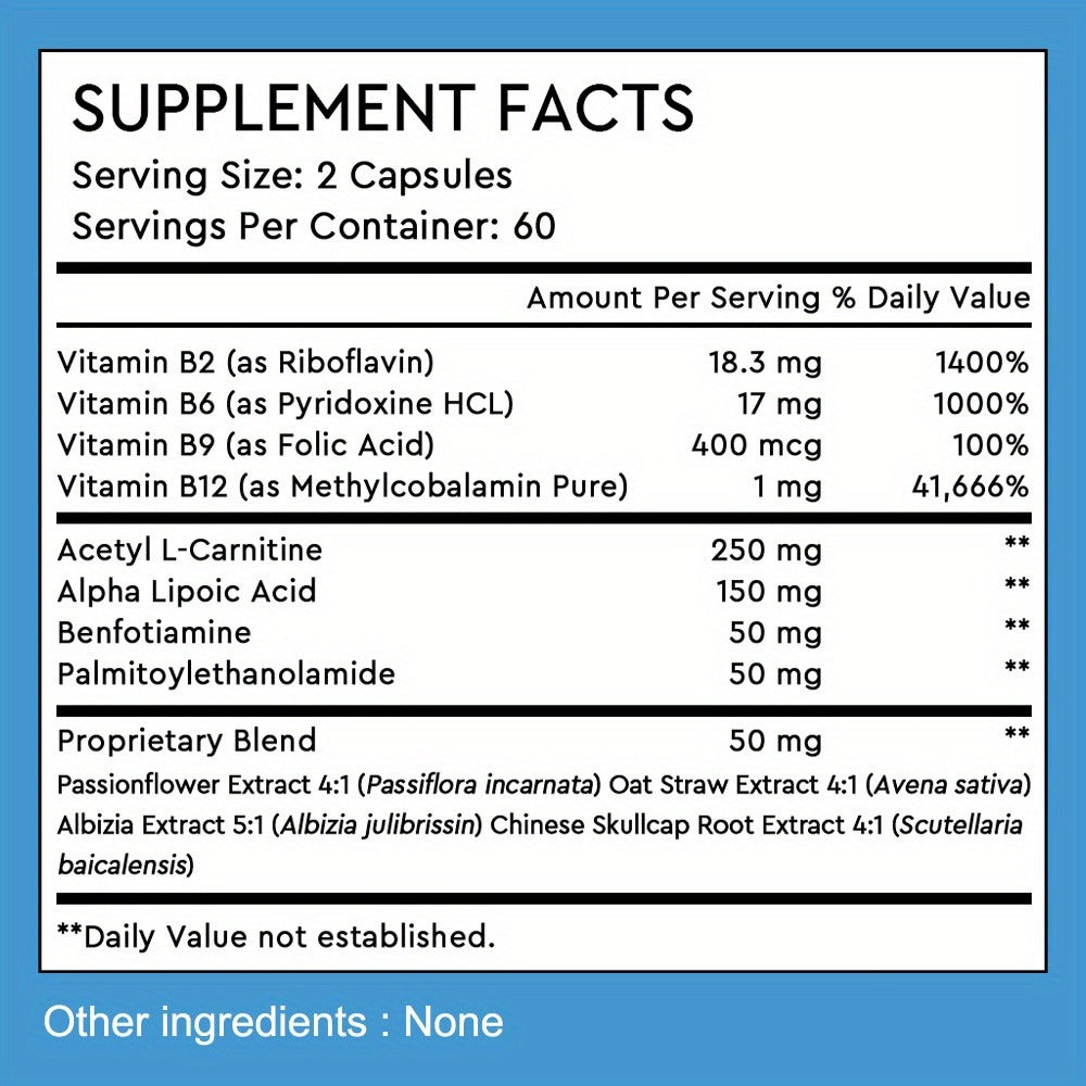 Premium Neuro-Health Support Formula - Contains 12 Essential Vitamins And Antioxidant Supplements - Supports Nervous System Health, Suitable for Men And Women - 120 Capsules