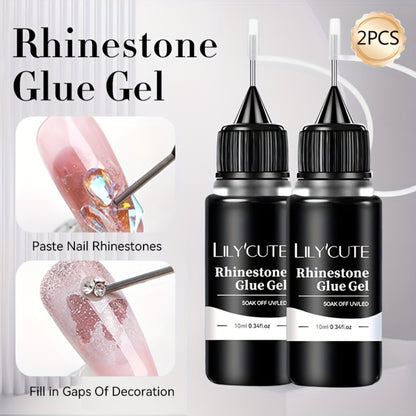 Nail Rhinestone Glue Gel 2pcs — Clear Nail Art Adhesive for 3D Rhinestones, Drill Jewelry & Decorations | LILYCUTE Sticky Nail Glue Gel 0.34oz