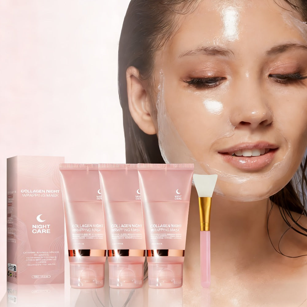 3pcs Collagen Night Wrap Mask with Jelly Brush, Alcohol-Free And Gentle, Deeply Moisturizing And Nourishing, Suitable for All Skin Types, Glossy, 2.54 Oz*2, Valentine'S Day Gift, Essential for