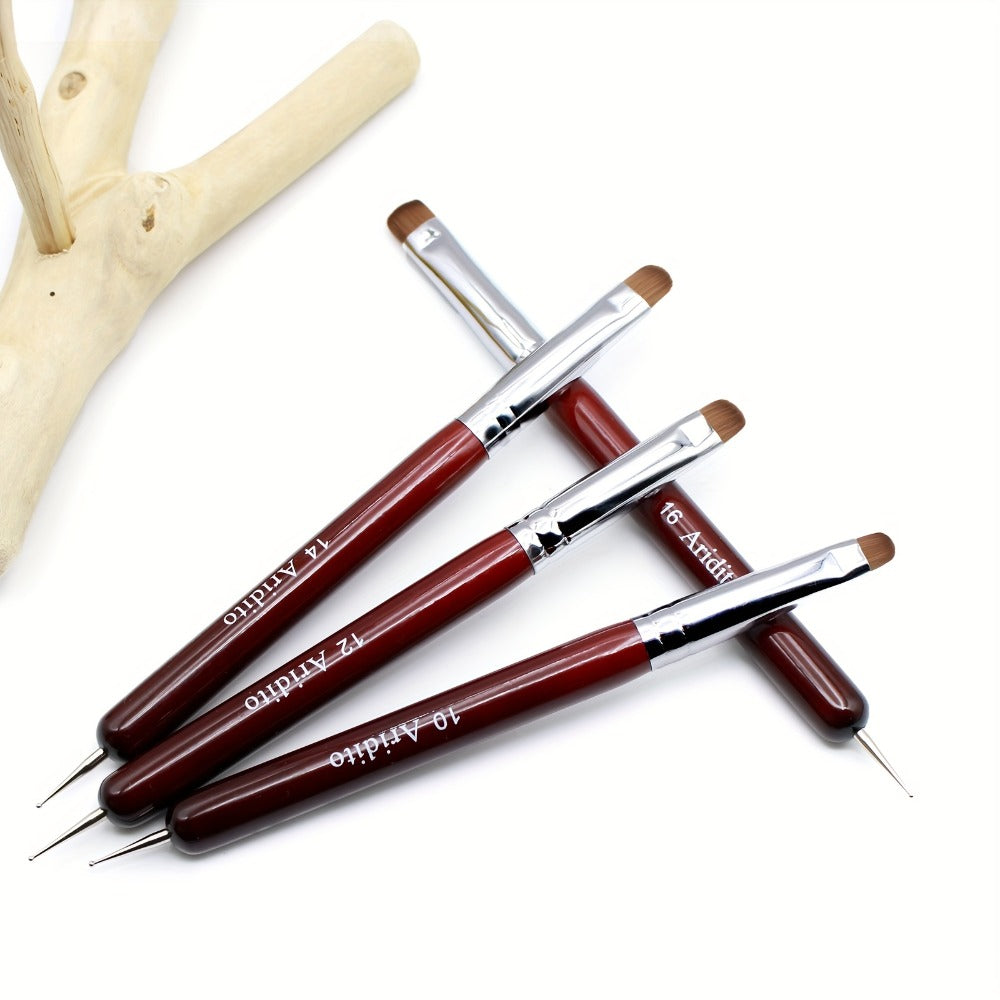 4pcs Aridito Professional Acrylic French Manicure Clean-Up Brushes & Dotting Pens - Red Wood Handles, Precision Tips (#10, #12, #14, #16) for Nail Art, Cuticle Care - Essential Manicure Tools for Home & Salon Use, Modern Metallic Finish | Metallic Ferrule